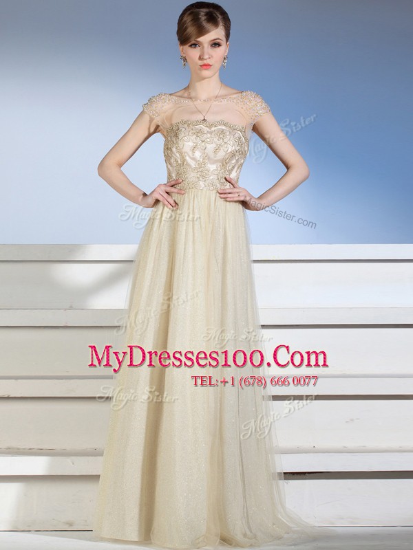 Enchanting Floor Length Champagne Prom Evening Gown Bateau Sleeveless Side Zipper