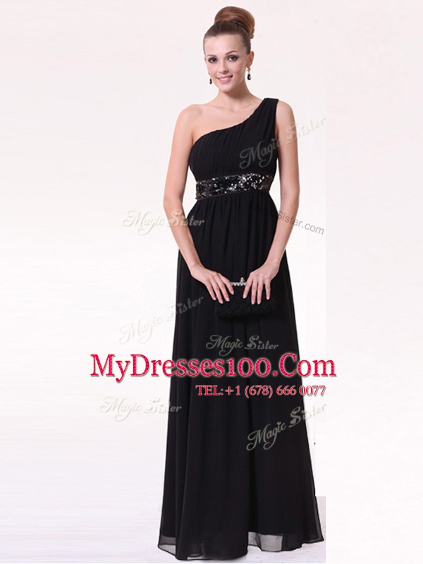 Black Column/Sheath Chiffon One Shoulder Sleeveless Beading Floor Length Side Zipper Prom Evening Gown