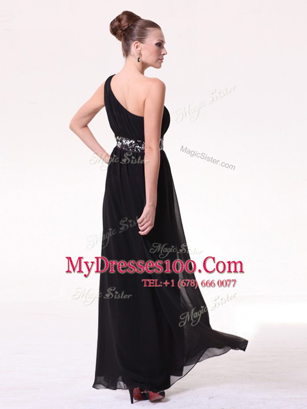 Black Column/Sheath Chiffon One Shoulder Sleeveless Beading Floor Length Side Zipper Prom Evening Gown