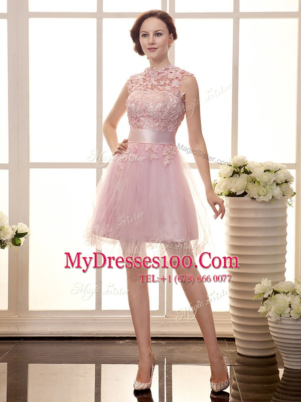 Baby Pink Zipper High-neck Lace Womens Party Dresses Chiffon Sleeveless
