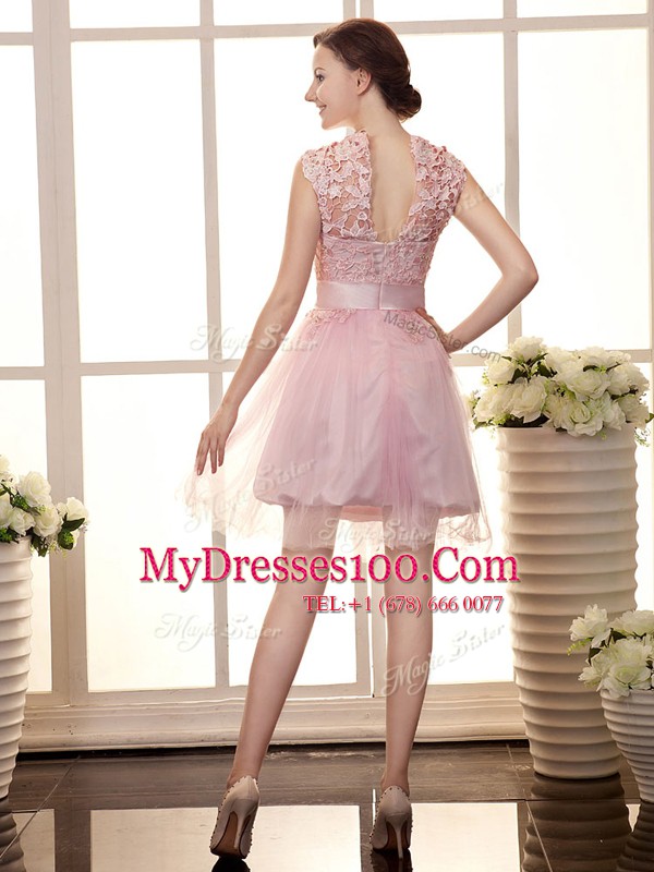 Baby Pink Zipper High-neck Lace Womens Party Dresses Chiffon Sleeveless