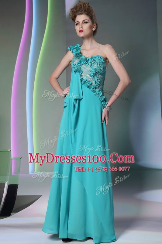 High Quality One Shoulder Teal Chiffon Side Zipper Mother Of The Bride Dress Sleeveless Floor Length Lace and Hand Made Flower