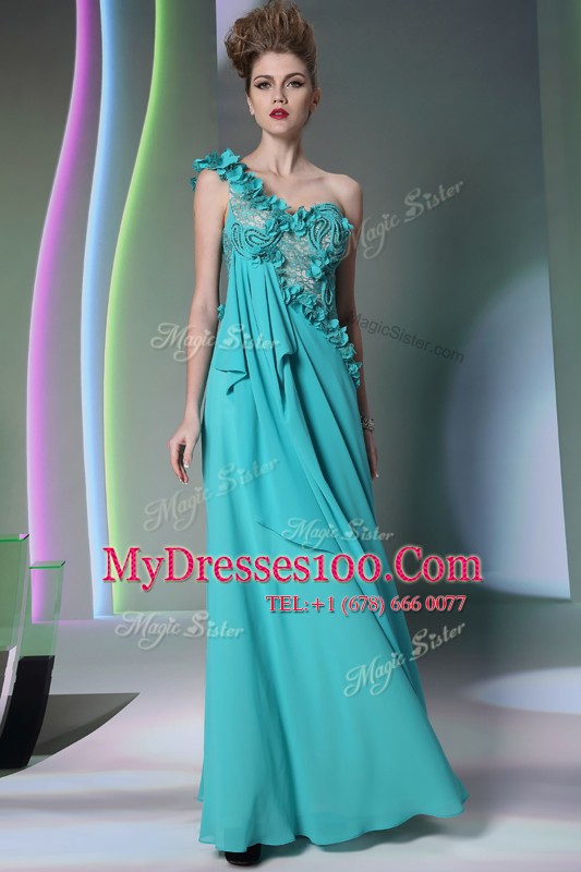 High Quality One Shoulder Teal Chiffon Side Zipper Mother Of The Bride Dress Sleeveless Floor Length Lace and Hand Made Flower