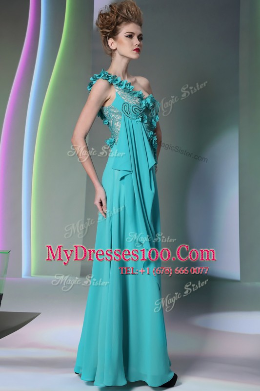 High Quality One Shoulder Teal Chiffon Side Zipper Mother Of The Bride Dress Sleeveless Floor Length Lace and Hand Made Flower
