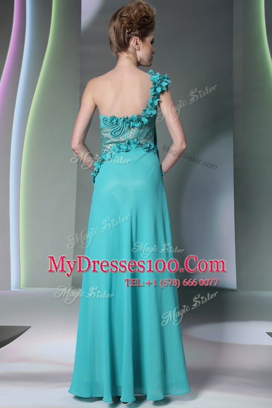 High Quality One Shoulder Teal Chiffon Side Zipper Mother Of The Bride Dress Sleeveless Floor Length Lace and Hand Made Flower