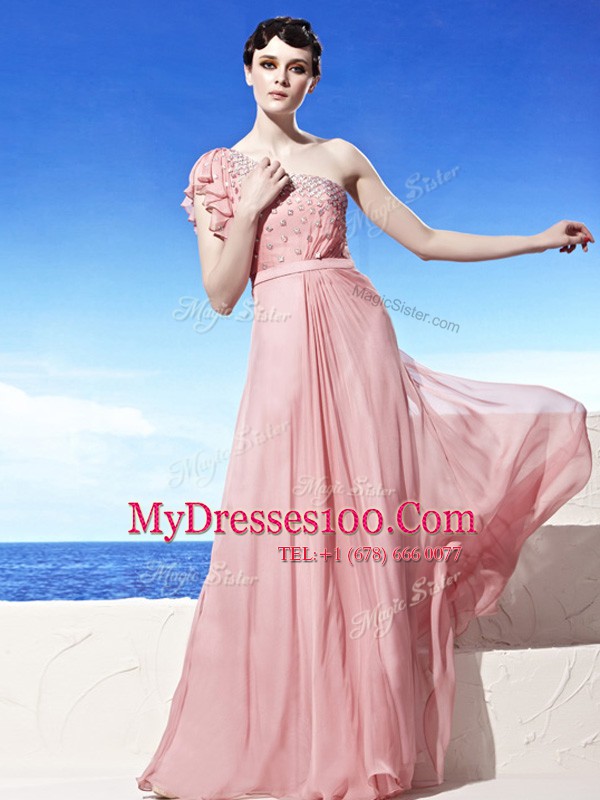 One Shoulder Pink Sleeveless Chiffon Side Zipper Prom Dress for Prom and Party