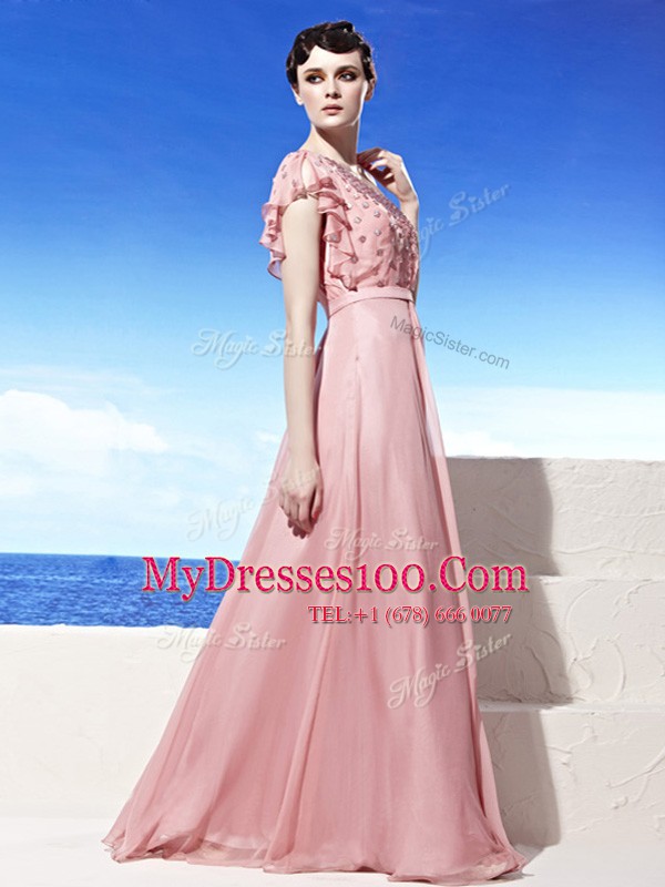 One Shoulder Pink Sleeveless Chiffon Side Zipper Prom Dress for Prom and Party