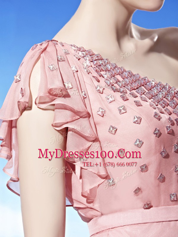 One Shoulder Pink Sleeveless Chiffon Side Zipper Prom Dress for Prom and Party