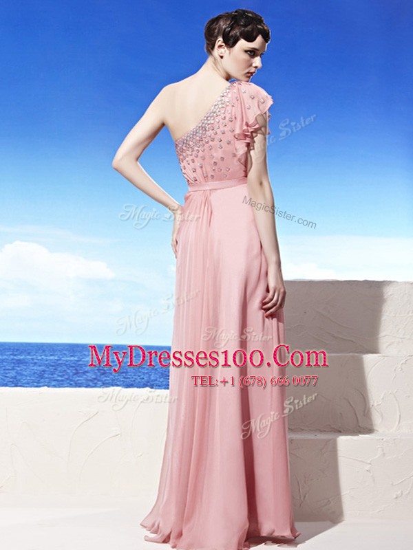 One Shoulder Pink Sleeveless Chiffon Side Zipper Prom Dress for Prom and Party