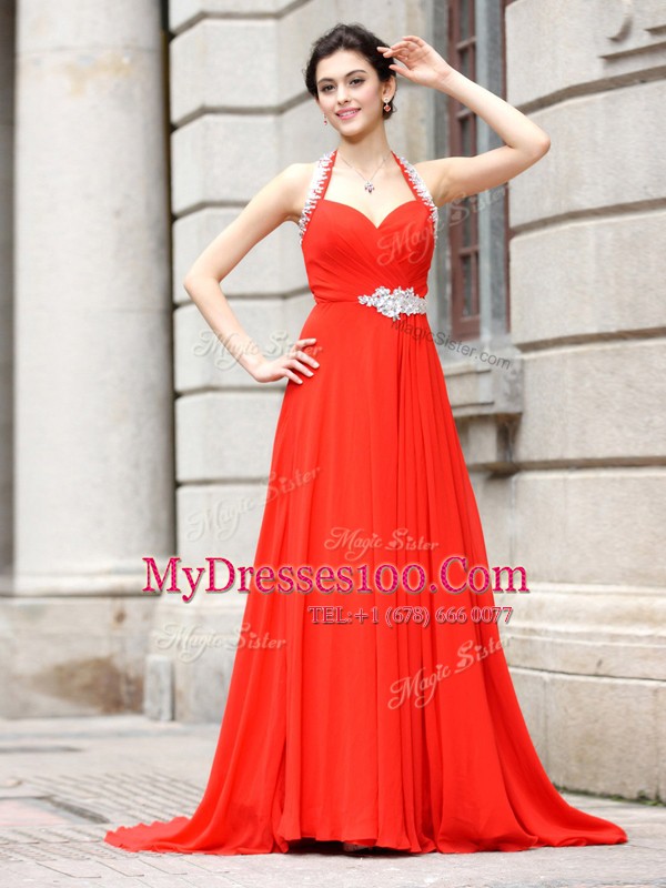 Exquisite Coral Red Spaghetti Straps Neckline Beading Prom Dress Sleeveless Zipper