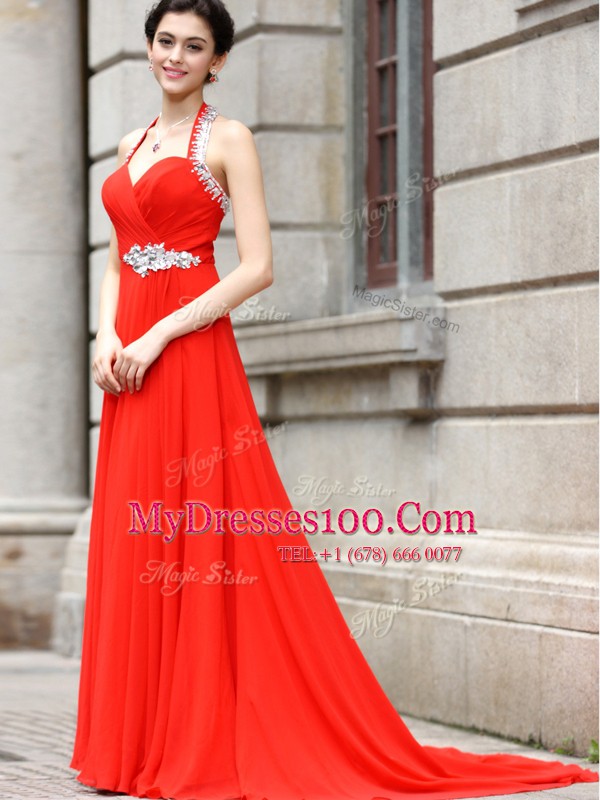 Exquisite Coral Red Spaghetti Straps Neckline Beading Prom Dress Sleeveless Zipper