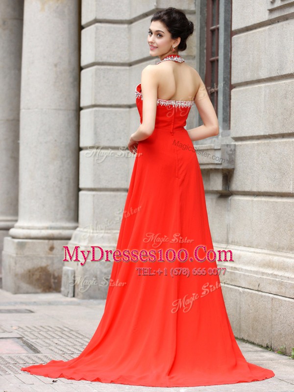 Exquisite Coral Red Spaghetti Straps Neckline Beading Prom Dress Sleeveless Zipper
