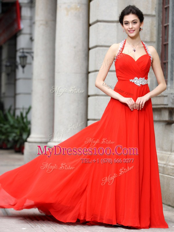 Exquisite Coral Red Spaghetti Straps Neckline Beading Prom Dress Sleeveless Zipper