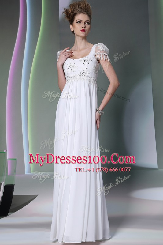 Scoop White Sleeveless Floor Length Beading and Lace Zipper