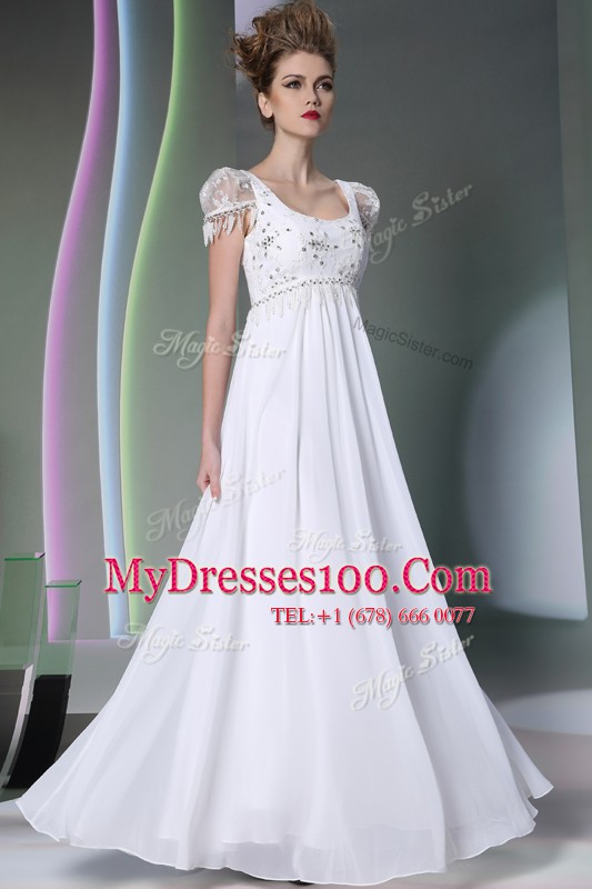 Scoop White Sleeveless Floor Length Beading and Lace Zipper