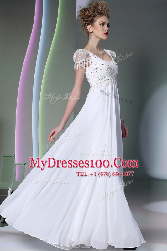 Scoop White Sleeveless Floor Length Beading and Lace Zipper