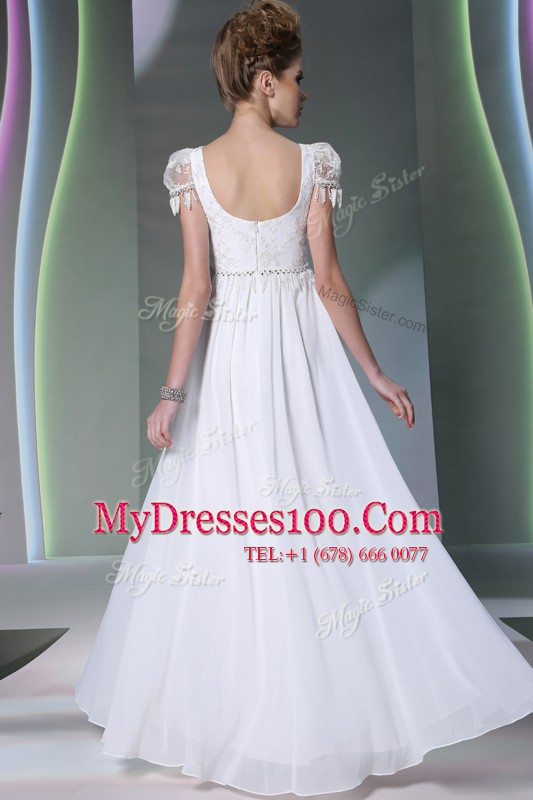 Scoop White Sleeveless Floor Length Beading and Lace Zipper
