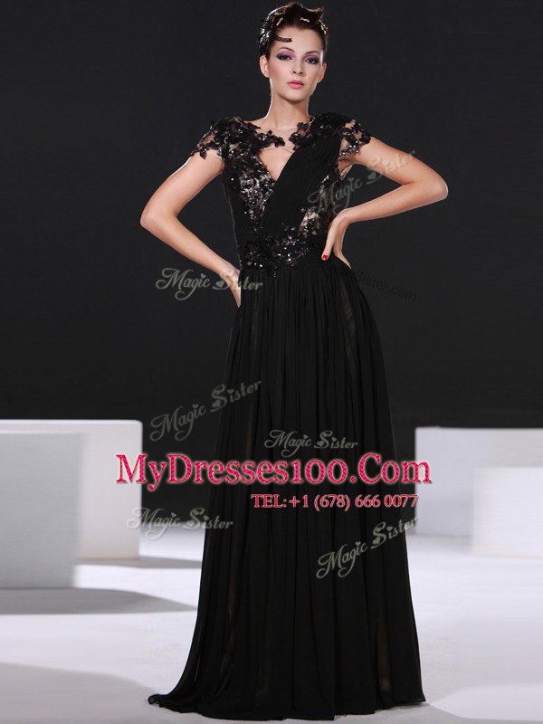 Black Elastic Woven Satin Backless Scoop Cap Sleeves Floor Length Lace
