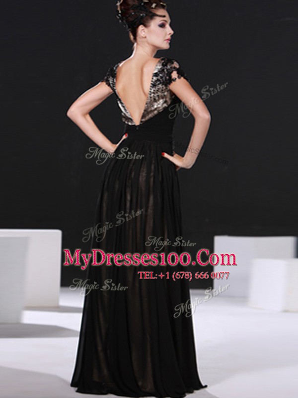 Black Elastic Woven Satin Backless Scoop Cap Sleeves Floor Length Lace