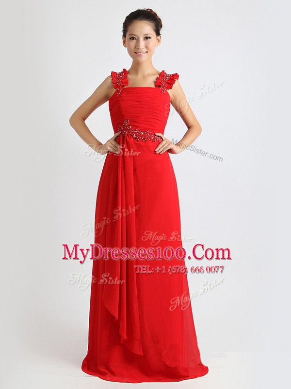 Sophisticated Coral Red Column/Sheath Beading and Ruching Prom Evening Gown Zipper Chiffon Sleeveless Floor Length