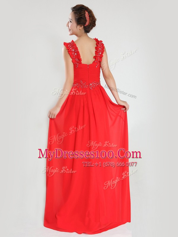 Sophisticated Coral Red Column/Sheath Beading and Ruching Prom Evening Gown Zipper Chiffon Sleeveless Floor Length