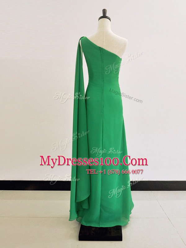 Green One Shoulder Neckline Ruching Mother Of The Bride Dress Long Sleeves Zipper