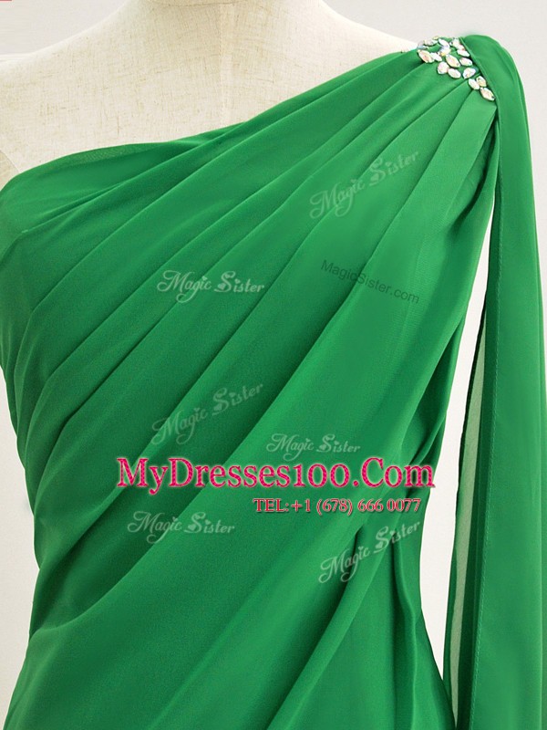 Green One Shoulder Neckline Ruching Mother Of The Bride Dress Long Sleeves Zipper