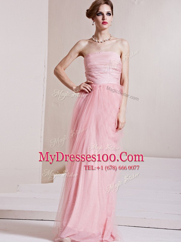 Unique Sleeveless Floor Length Ruching Side Zipper Prom Dresses with Baby Pink