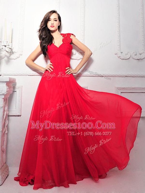 Most Popular Floor Length Empire Sleeveless Coral Red Zipper