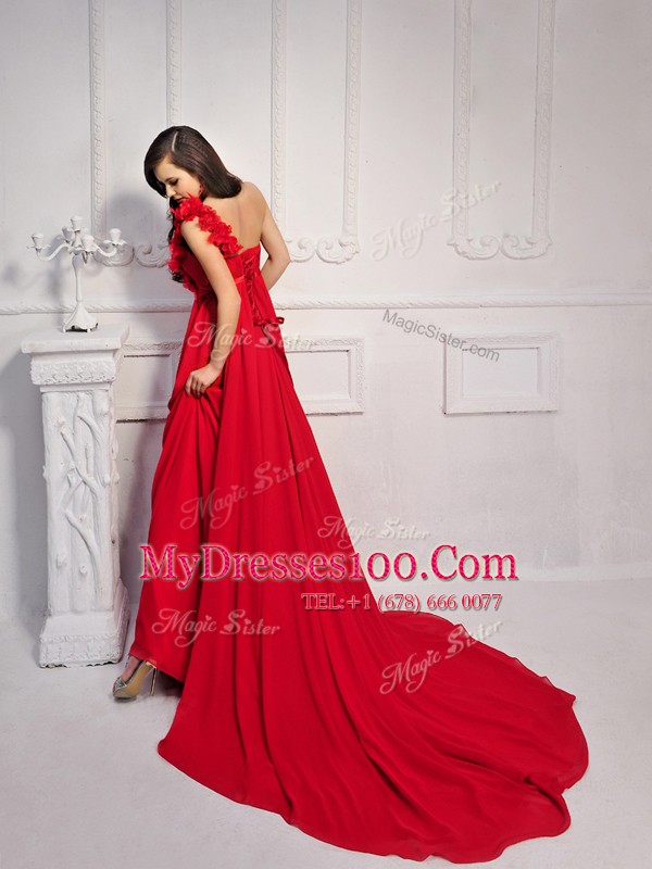 Super One Shoulder Sleeveless Prom Party Dress With Train Court Train Hand Made Flower Red Silk Like Satin