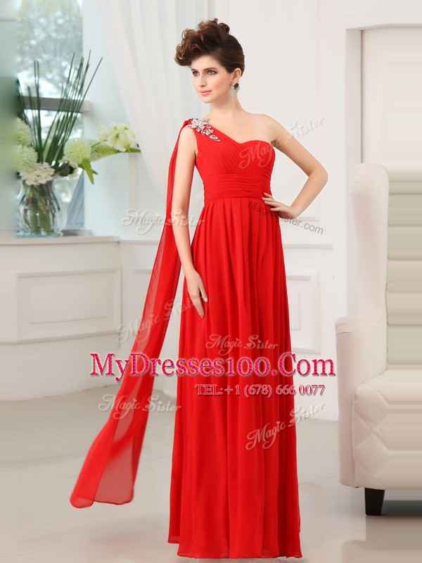 Clearance One Shoulder Sleeveless Zipper Floor Length Beading and Sashes ribbons and Ruching Mother Of The Bride Dress