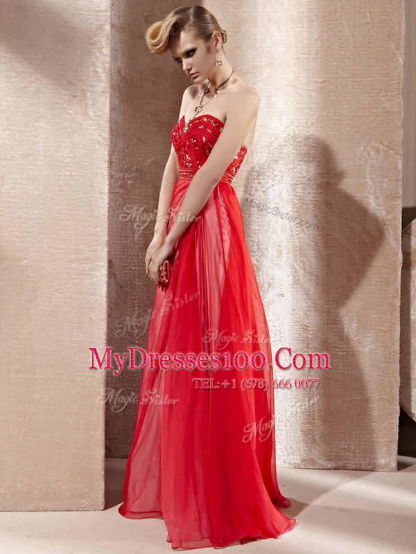 Suitable Coral Red Sleeveless Chiffon Side Zipper Prom Party Dress for Prom and Party