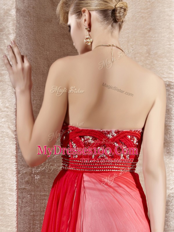 Suitable Coral Red Sleeveless Chiffon Side Zipper Prom Party Dress for Prom and Party