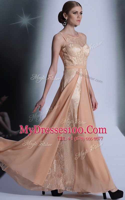 Scoop Peach Column/Sheath Lace Mother Of The Bride Dress Side Zipper Chiffon Sleeveless Floor Length