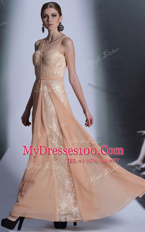 Scoop Peach Column/Sheath Lace Mother Of The Bride Dress Side Zipper Chiffon Sleeveless Floor Length