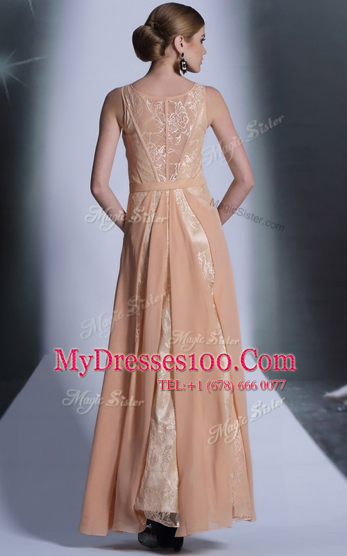 Scoop Peach Column/Sheath Lace Mother Of The Bride Dress Side Zipper Chiffon Sleeveless Floor Length