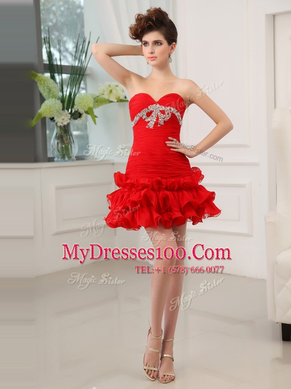 Hot Sale Red Lace Up Party Dress for Girls Beading and Ruffled Layers Sleeveless Mini Length