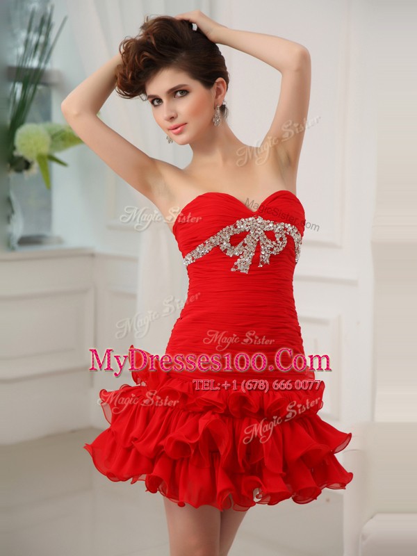Hot Sale Red Lace Up Party Dress for Girls Beading and Ruffled Layers Sleeveless Mini Length
