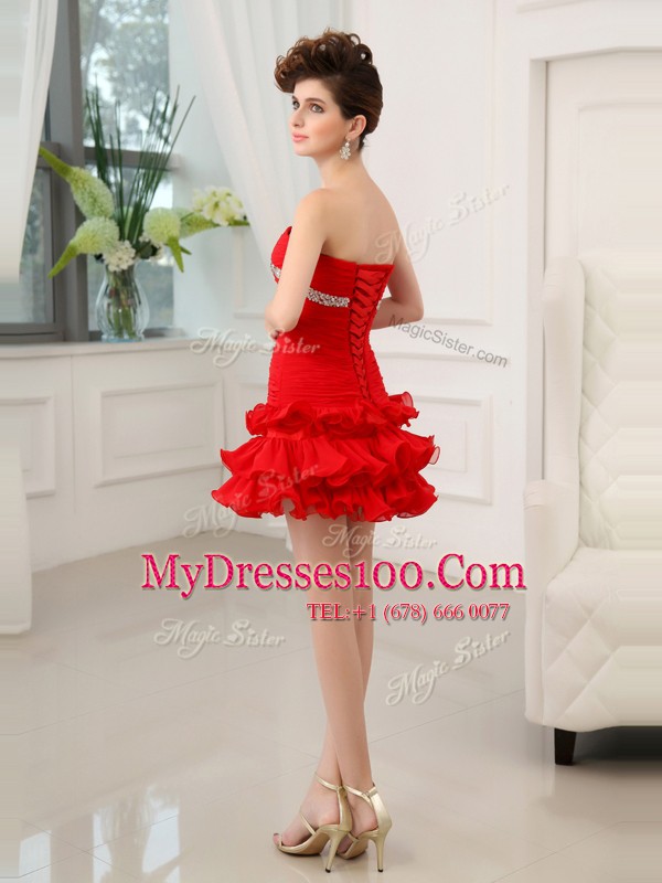 Hot Sale Red Lace Up Party Dress for Girls Beading and Ruffled Layers Sleeveless Mini Length