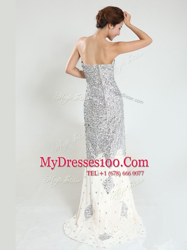 Dazzling Silver Column/Sheath Sequins Zipper Sequined Sleeveless With Train