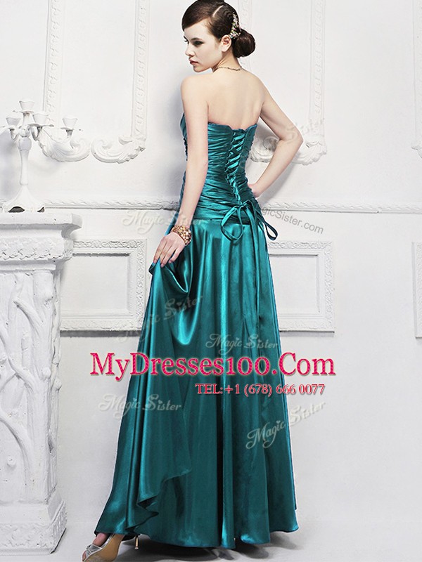 Strapless Sleeveless Elastic Woven Satin Ruching Lace Up