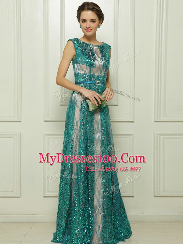 Scoop Tulle Sleeveless Floor Length Prom Gown and Beading and Sequins