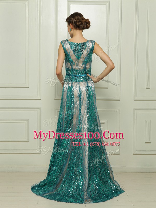 Scoop Tulle Sleeveless Floor Length Prom Gown and Beading and Sequins