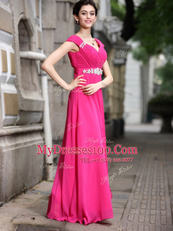 Pretty Hot Pink Empire Chiffon V-neck Sleeveless Beading Floor Length Zipper Prom Party Dress