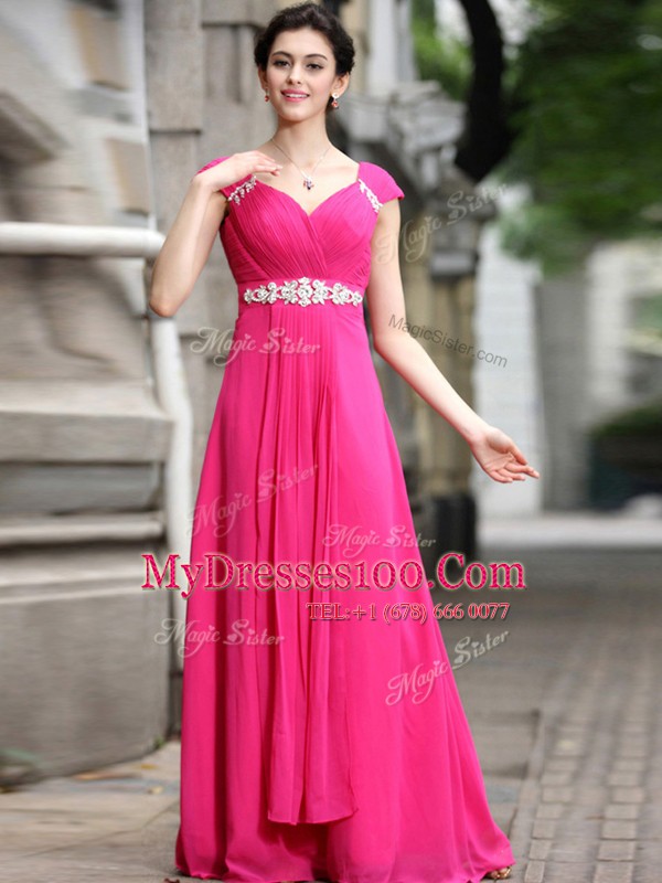 Pretty Hot Pink Empire Chiffon V-neck Sleeveless Beading Floor Length Zipper Prom Party Dress
