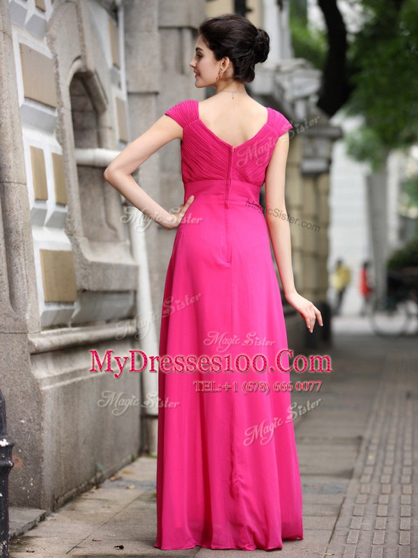 Pretty Hot Pink Empire Chiffon V-neck Sleeveless Beading Floor Length Zipper Prom Party Dress