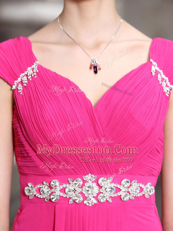 Pretty Hot Pink Empire Chiffon V-neck Sleeveless Beading Floor Length Zipper Prom Party Dress