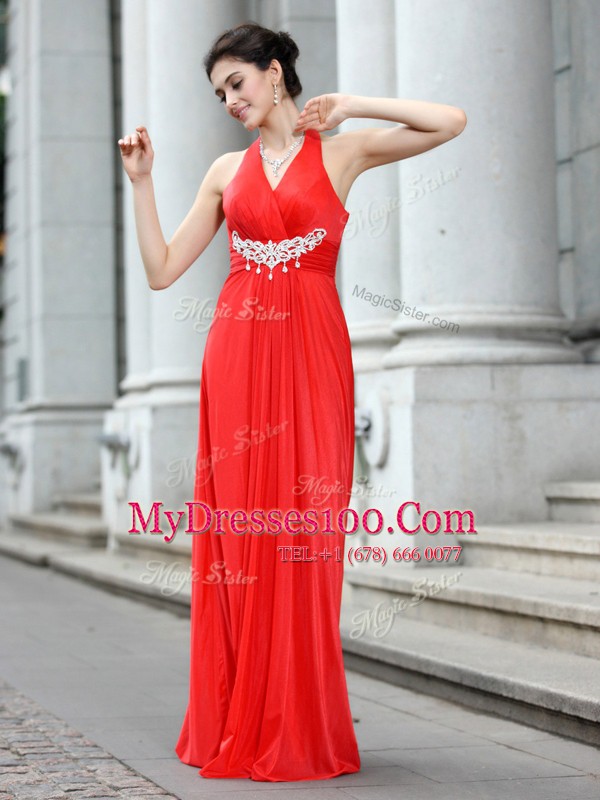 Fabulous Coral Red Sleeveless Beading Floor Length Prom Dresses