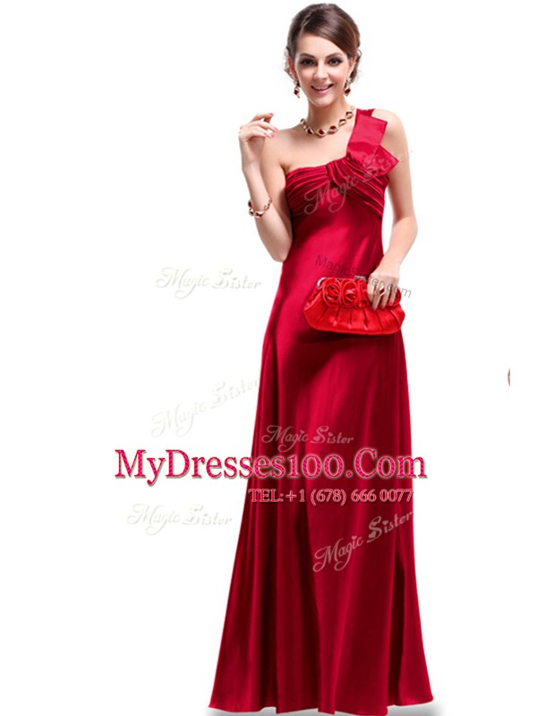 Fitting One Shoulder Wine Red Sleeveless Ruching Floor Length Prom Evening Gown