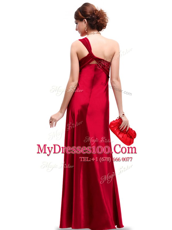 Fitting One Shoulder Wine Red Sleeveless Ruching Floor Length Prom Evening Gown